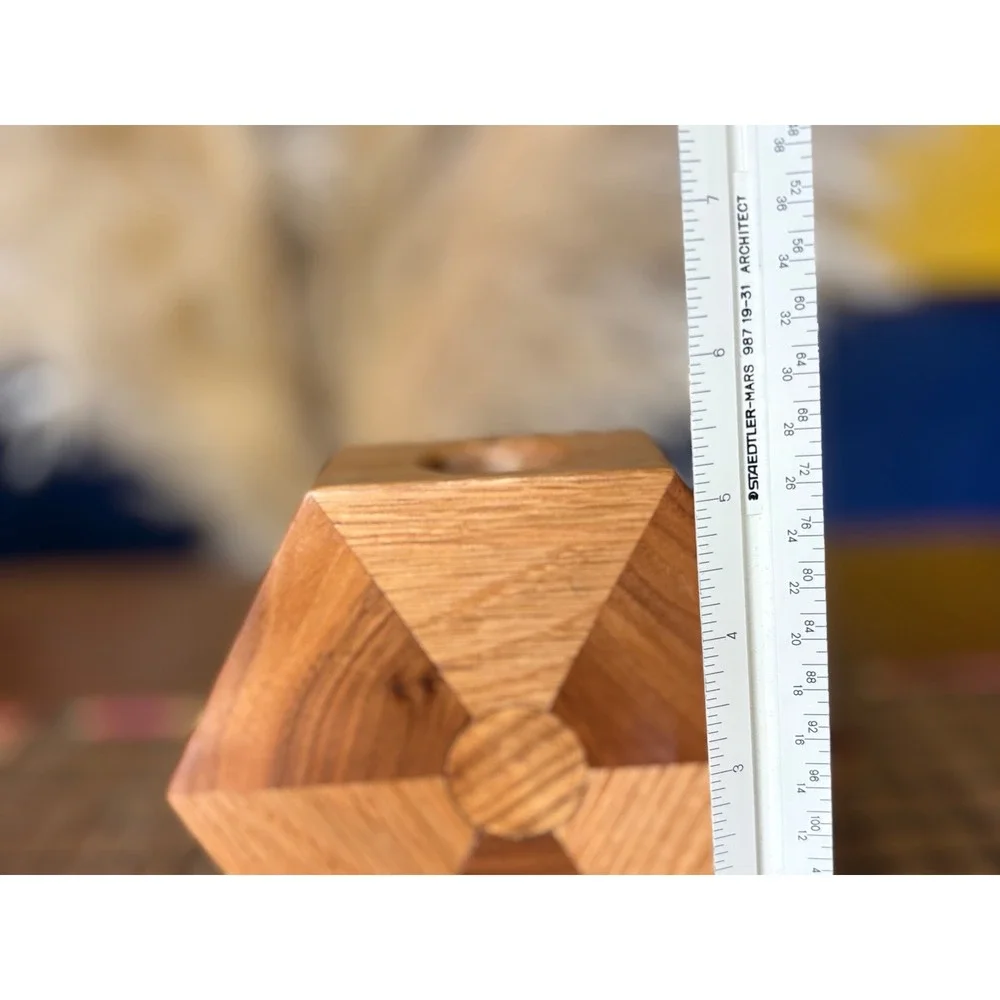 Vintage Geometric Wood Hexagon Candle Holder Mid Century Modern Sunburst Inlay